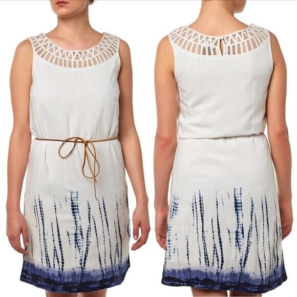 Tommy Hilfiger Denim Dress Women XS White Blue Tie Dye Belted Summer Beach Vacay - Picture 1 of 16